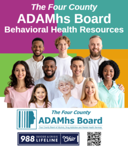 Picture of a diverse group of people smiling with the ADAMhs Board logo, the 988 logo and a QR code for the website.