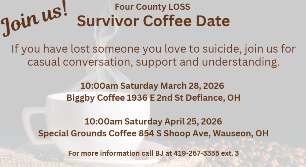 A picture of an invitation to s coffee date for people who have lost a loved one to suicide.
